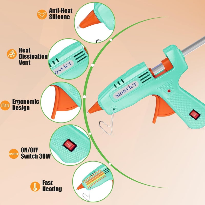 MONVICT Hot Glue Gun Kit, Mini Glue Gun with Carrying Case,20 Pcs Premium Glue Sticks, 10 Pcs Wood Craft sticks, Fast Preheating Hot Melt Glue Gun for School Crafts DIY Arts Gift (Cyan, 30Watts) - Image 2